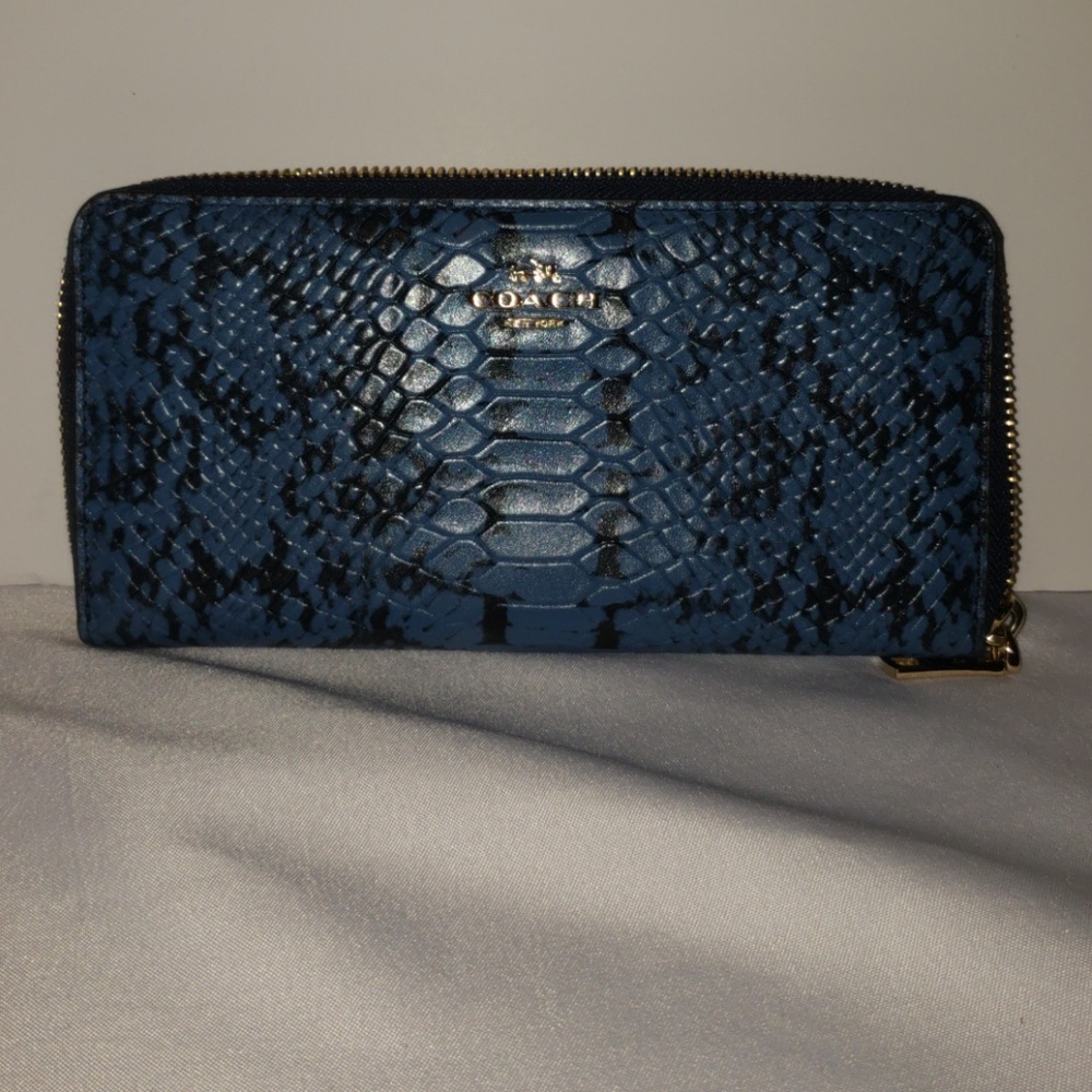 COACH navy Snakeskin colorblock zip around wallet